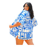 Kimono Estampado Plus Size Manga Flare Verão Cardigan Camisa