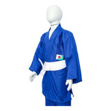 Kimono Judo Jiu Jitsu Liso Azul Bordado Reforçado + Faixa 