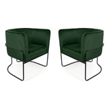 Kit 02 Poltronas Betina Base Aço Preto Veludo Verde
