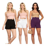 Kit 03 Short Alfaiataria Cinto Bolso Casual Feminino Verão
