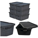 Kit 06 Caixas C/tampa Organizador Rattan Preto 7l Linha Pró