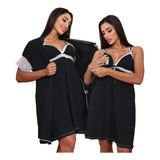 Kit 1 Camisola Maternidade Amamentação + 1 Robe Com Renda