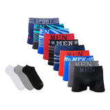 Kit 10 Cuecas Boxer Box + 12 Pares De Meias Soquete