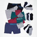 Kit 10 Cuecas Boxer Microfibra + 12 Pares Meias Algodão