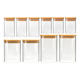 Kit 10 Pote Vidro Hermeticos C/ Tampa De Bambu Quadrado Jogo