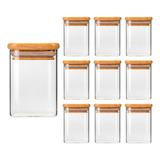 Kit 10 Potes Vidro C/ Tampa De Bambu Quadrado Temperos 170ml