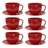 Kit 10 Xícaras De Chá Acrílica E 10 Pires Acrílico Vermelha