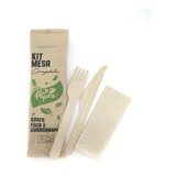 Kit 100 - Garfo + Faca Madeira + Guardanapo - Biodegradável
