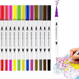 Kit 12 Caneta 2 Em 1 Brush Lettering E Ponta Fina Colorir