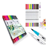 Kit 12 Caneta 2 Em 1 Brush Pen Colorida Ponta Dupla Pincel