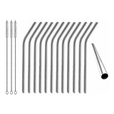 Kit 12 Canudos Aço Inox Curvo 3 Escova Limpeza Reutilizável