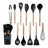 Kit 12 Pçs Utensílios De Cozinha Em Silicone Cabo Madeira Cor Preto