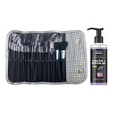 Kit 12 Pinceis Maquiagem Com Estojo E Shampoo Higienizador