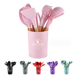 Kit 12 Utensílios Cozinha Silicone Cabo Bambu Com Suporte Cor Rosa