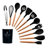 Kit 12 Utensílios De Cozinha Em Silicone E Cabo De Madeira Cor Preto Mixtou 093-0021