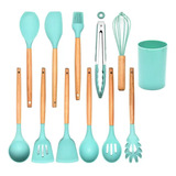 Kit 12 Utensílios De Cozinha Em Silicone E Cabo De Madeira Cor Verde Menta