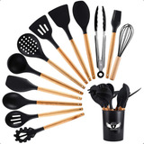 Kit 12 Utensílios De Cozinha Em Silicone E Cabo De Madeira