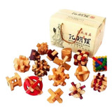 Kit 16 Desafios Puzzle Kong Ming Lock Quebra Cabeça Madeira