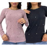 Kit 2 Blusa Manga Longa Lanzinha Perola Inverno Blogueira