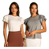 Kit 2 Blusas Feminina Social Blusinha Manga Babado Viscose