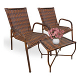 Kit 2 Cadeira De Jardim Quintal + Mesa Centro Fibra Sintética Varanda Área Externa Cor Amêndoa Mesclado Ps Móveis