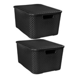 Kit 2 Caixas 20l Preta Organizadoras Rattan Empilhável 