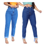 Kit 2 Calça Feminina Jeans Semi Baggy Sem Lycra Cintura Alta