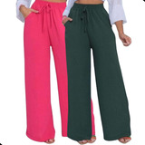 Kit 2 Calça Pantalona Feminino Wide Leg Cintura Alta Bolso