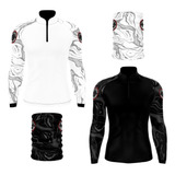 Kit 2 Camisa De Pesca Black E White + Bandana Proteção Uv50
