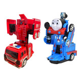 Kit 2 Carrinhos Vira Robô Bombeiro E Trenzinho Luz Som Anda
