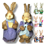 Kit 2 Coelhos Casal Pascoa Decor Palha Rústico 33cm Bandana
