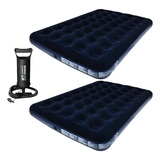 Kit 2 Colchão Inflável Casal De Ar Aveludado + Bomba Ar Best Cor Azul