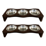Kit 2 Comedouro Madeira Com 3 Potes Inox Pet Cachorro Gato Cor Marrom-escuro