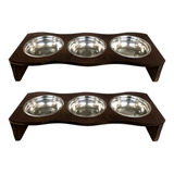 Kit 2 Comedouro Madeira Com 3 Potes Inox Pet Cachorro Gato