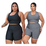 Kit 2 Conjuntos Academia Top E Short Cós Alto Plus Size 