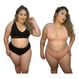 Kit 2 Conjuntos Calcinha E Sutiã De Algodão Plus Size Renda