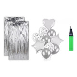 Kit 2 Cortinas 10 Balões Coração Estrela + Bomba De Ar-prata