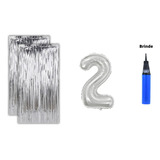 Kit 2 Cortinas Metalizadas E Balão Número+bomba De Ar-prata