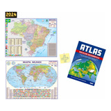 Kit 2 Mapas + Atlas Geográfico + Mapa Do Brasil + Mapa Mundi 120cm X 92cm Politico Rodoviário