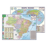 Kit 2 Mapas Mundi + Brasil Escolar 120 X 90 Cm - Atualizado
