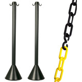 Kit 2 Organizador Fila Pedestal Balizador + 5m Corrente Elo Cor Da Fita Preto/ Amarelo Cor Do Pedestal Preto