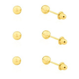 Kit 2 Pares Brinco Ouro 18k Infantil 3mm Segundo Furo Bebe