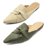 Kit 2 Pares Mule Rasteira Confort Feminina Bico Fino Sapato