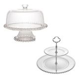 Kit 2 Peças Prato Duplo E Boleira Grande Cristal Wolff Pearl