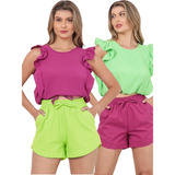 Kit 2 Peças Shortinho Linho Soltinho Feminino Cós Alto Verão