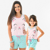 Kit 2 Pijamas Mãe E Filha Conjunto Baby Doll Confort Kitten