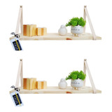 Kit 2 Prateleiras Pinus Alça Suporte Couro Crú Nude (50x20)