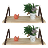 Kit 2 Prateleiras Pinus Alça Suporte Couro Marrom (50x20)