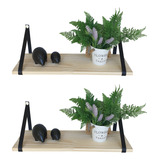 Kit 2 Prateleiras Pinus Alça Suporte Couro Preto (50x20) 