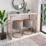 Kit 2 Puff Iron Em Couro E Linho Cinza Base Cobre Metalizado